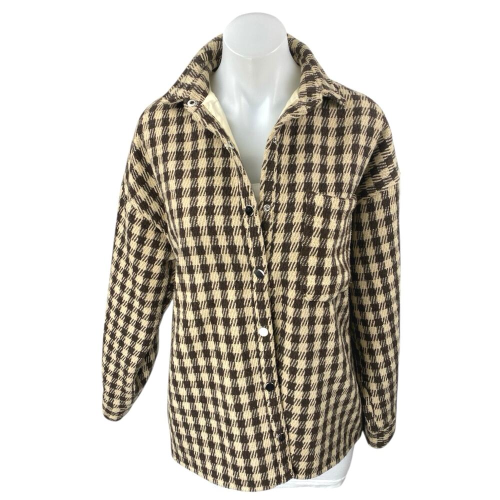 Princess Polly Cream Black Wool Plaid Checkered Long Sleeve Coat Jacket Size M/L